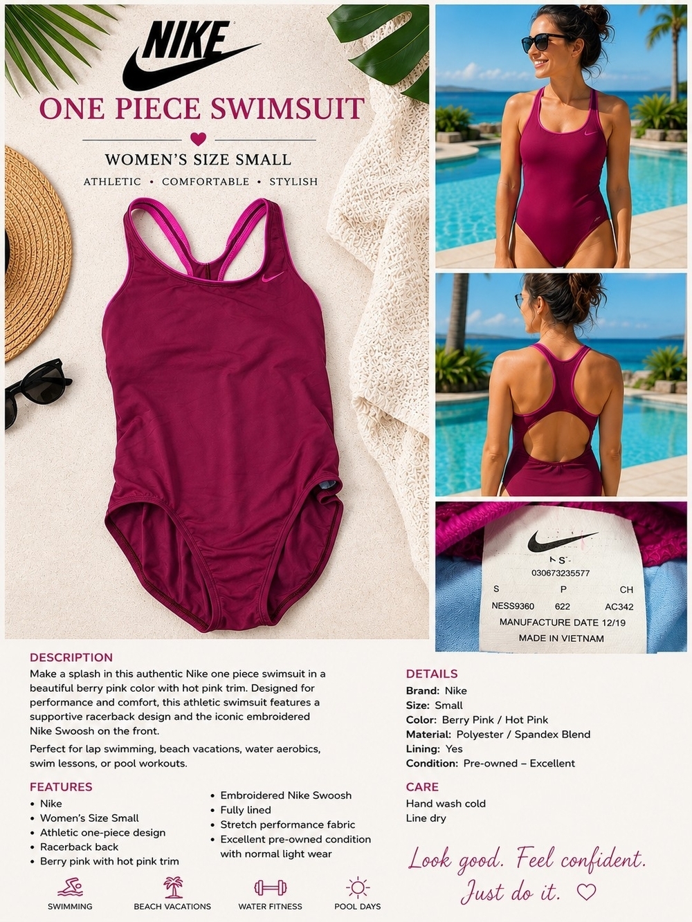 Nike One Piece Swimsuit Women's Small Berry Pink Athletic Racerback Training